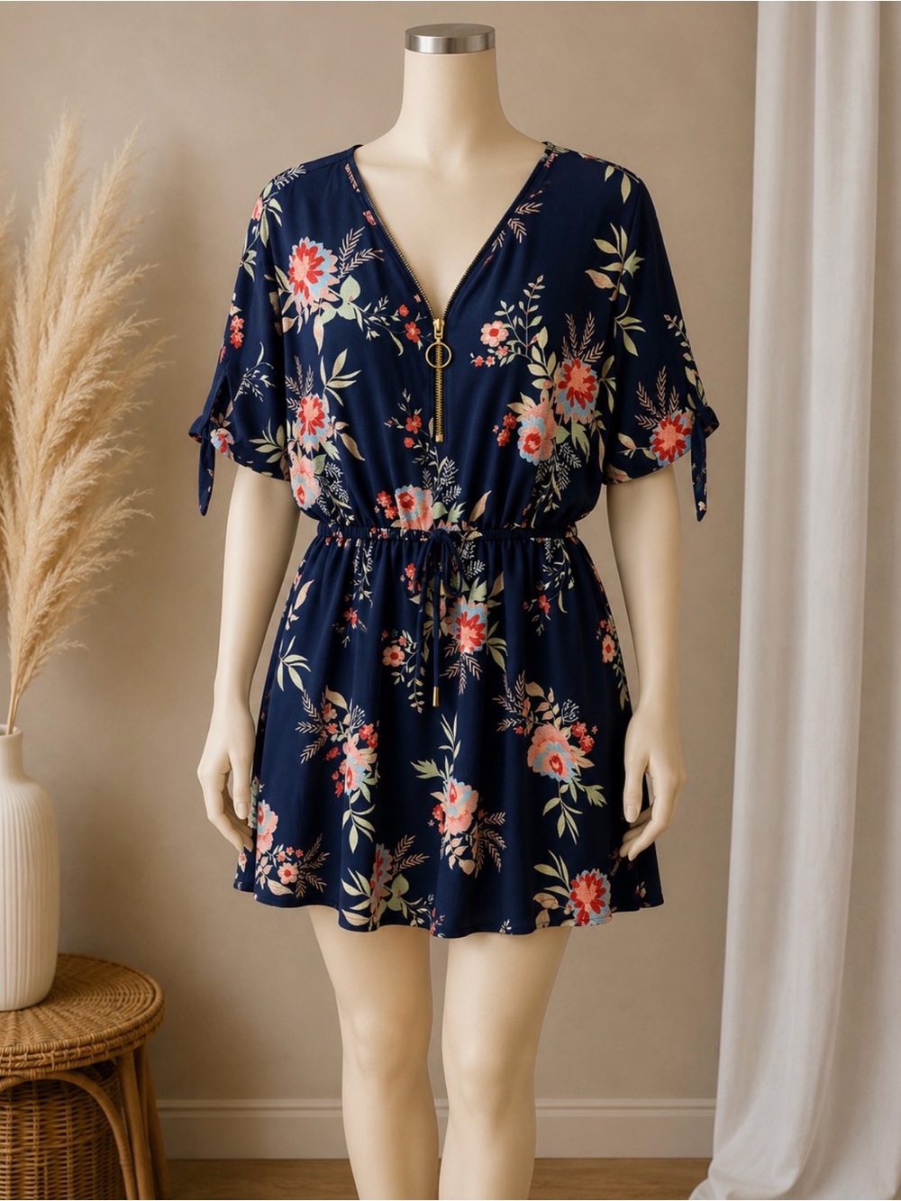 J for Justify Navy Floral Zip-Front Midi Dress